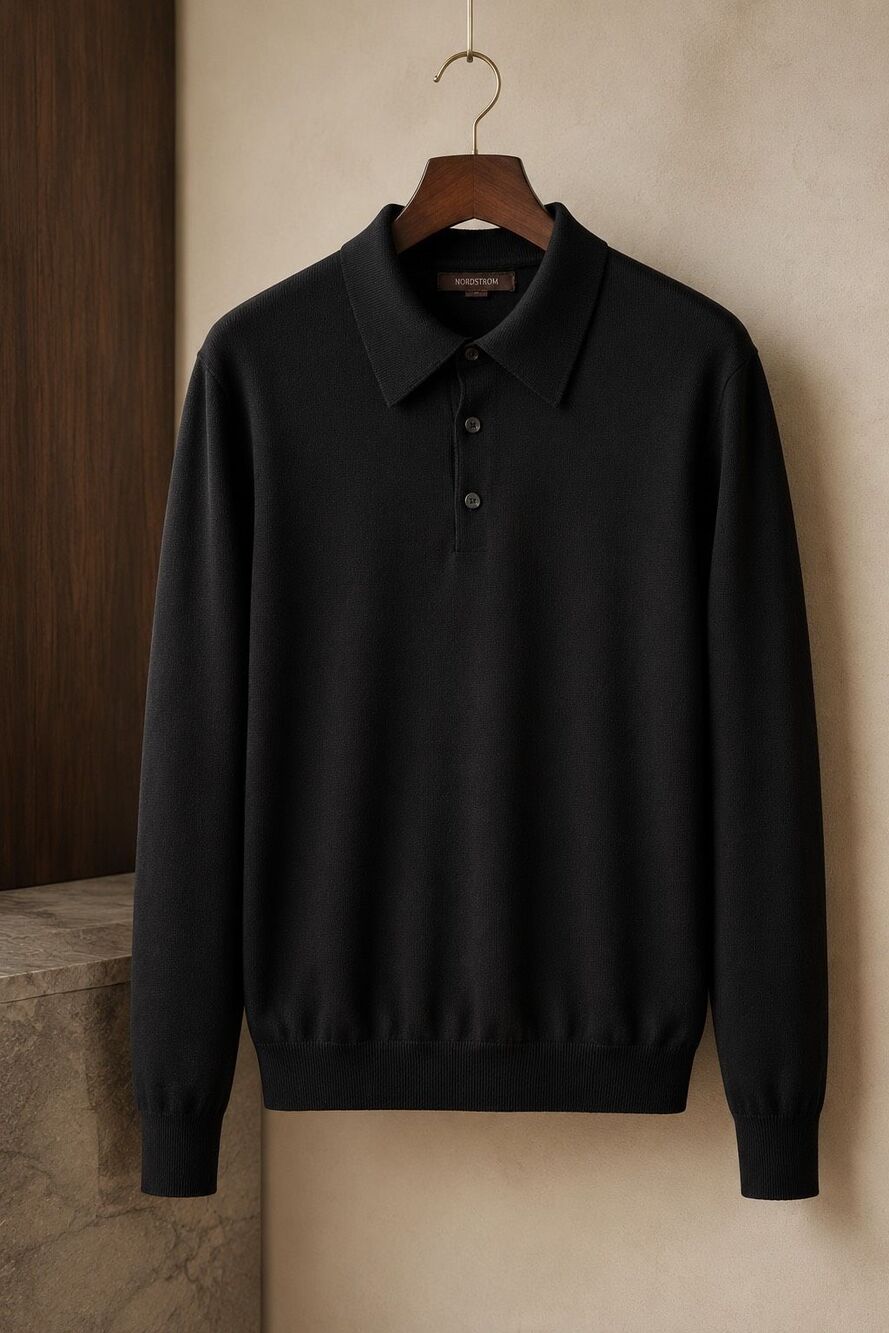 NWOT Nordstrom Men’s Black 100% Wool extra fine Long Sleeve Polo Sweater, $295 L